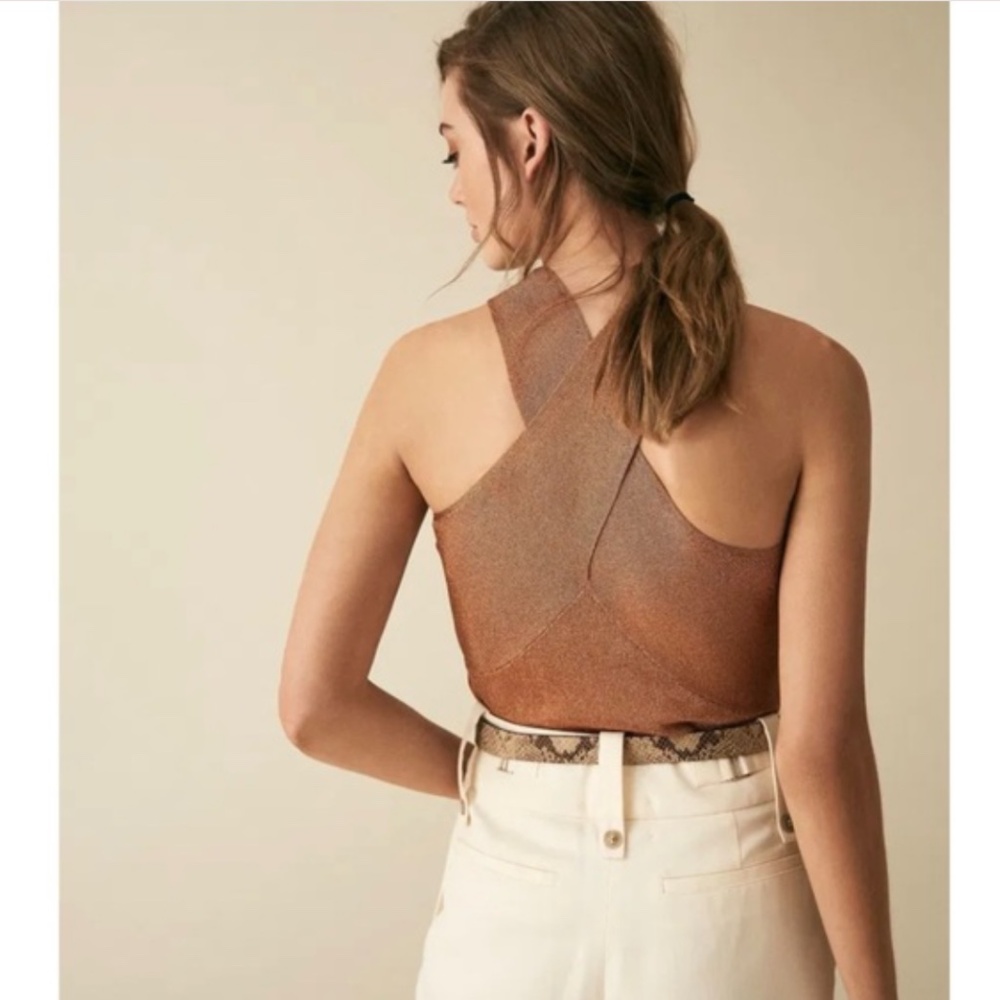 Reiss Metallic Criss cross Halter Neck Shimmer Cocktail Top in copper - Picture 6 of 6